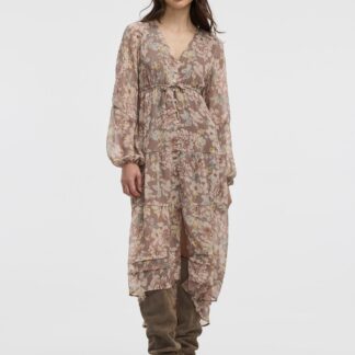 Women’s long-sleeve maxi tiered dress with elastic waist - front view
