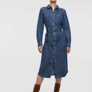 Women’s Midi Shirt Denim Dress with Self-Tie Sash image