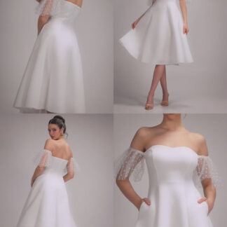 Goddiva Scuba & Polka Mesh Off The Shoulder Midi Dress - White