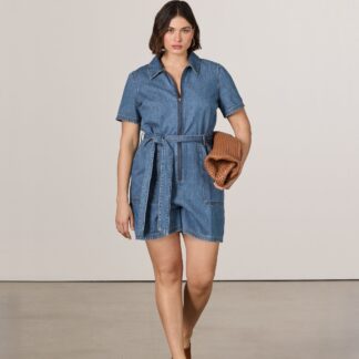 Women’s Short-Sleeve Denim Romper with Sash Belt product image