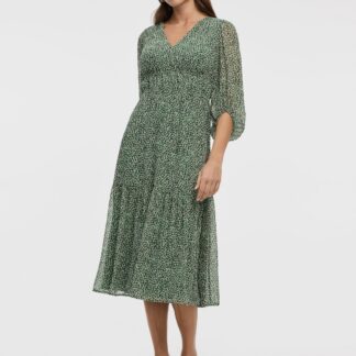 Women’s V-Neck Empire Midi Dress with Sheer Sleeves